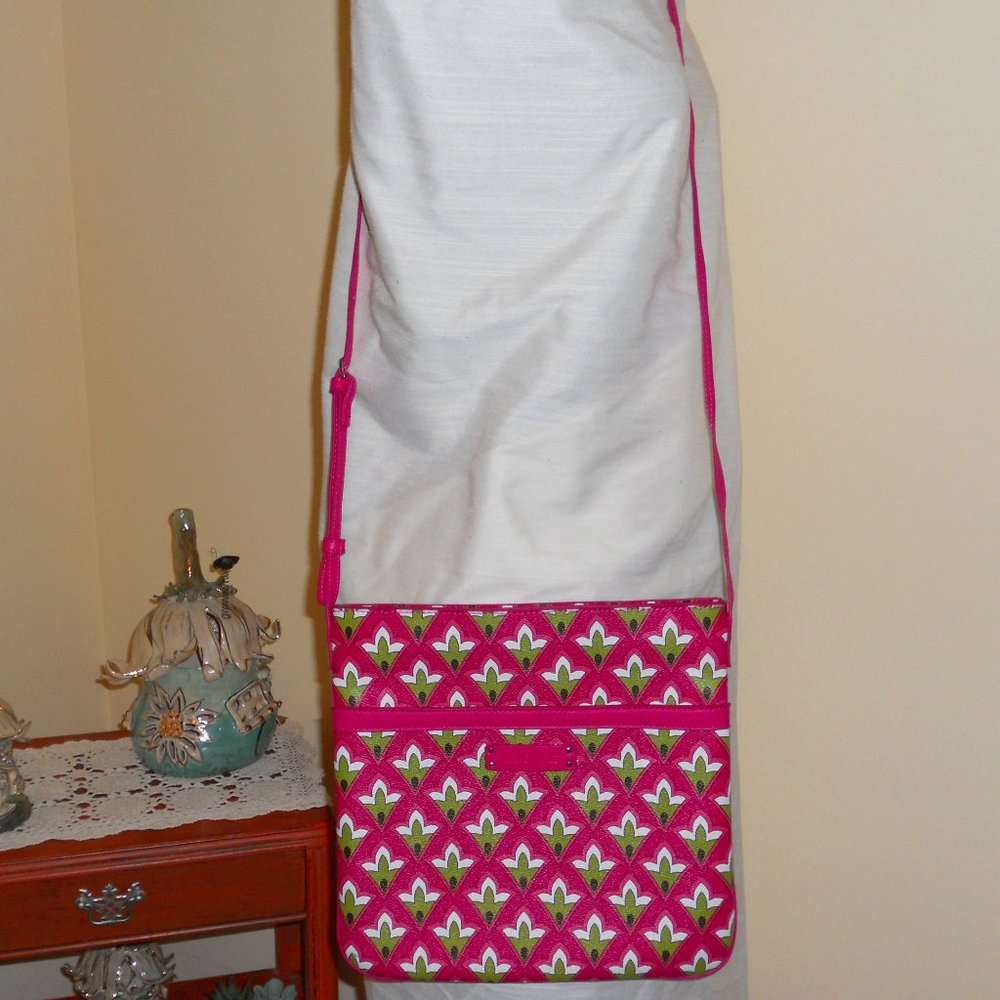 Vera Bradley PVC Dark Pink Green Geometric Pattern Slim Crossbody Handbag